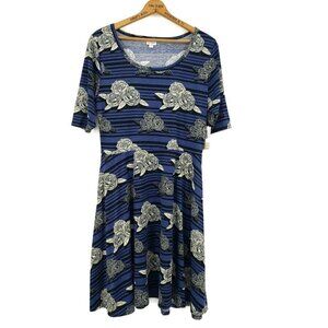 New Lularoe Nicole Dress Womens 3XL Blue Black Stripes Roses Pockets